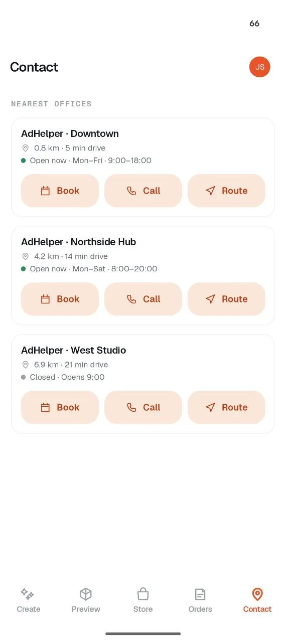 Nearest offices with opening hours and Book, Call, Route actions