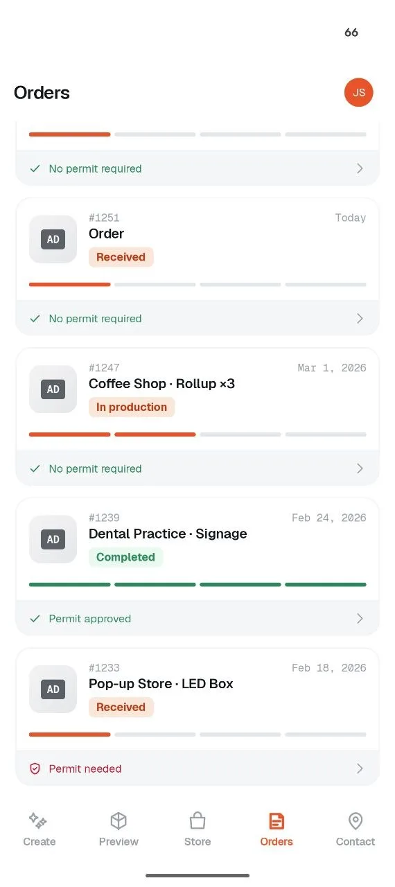 Orders list with production and permit status per order