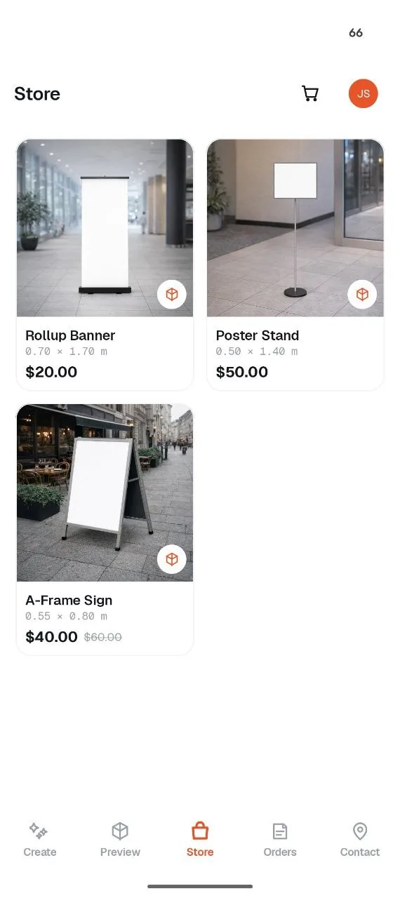 Store tab with rollup banner, poster stand and A-frame sign